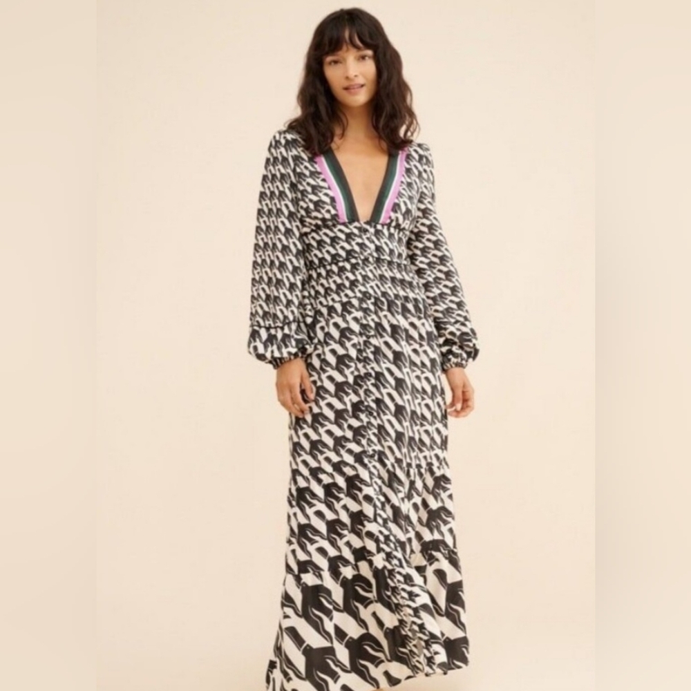 FARM RIO Elegant Black and White Tucan Dress